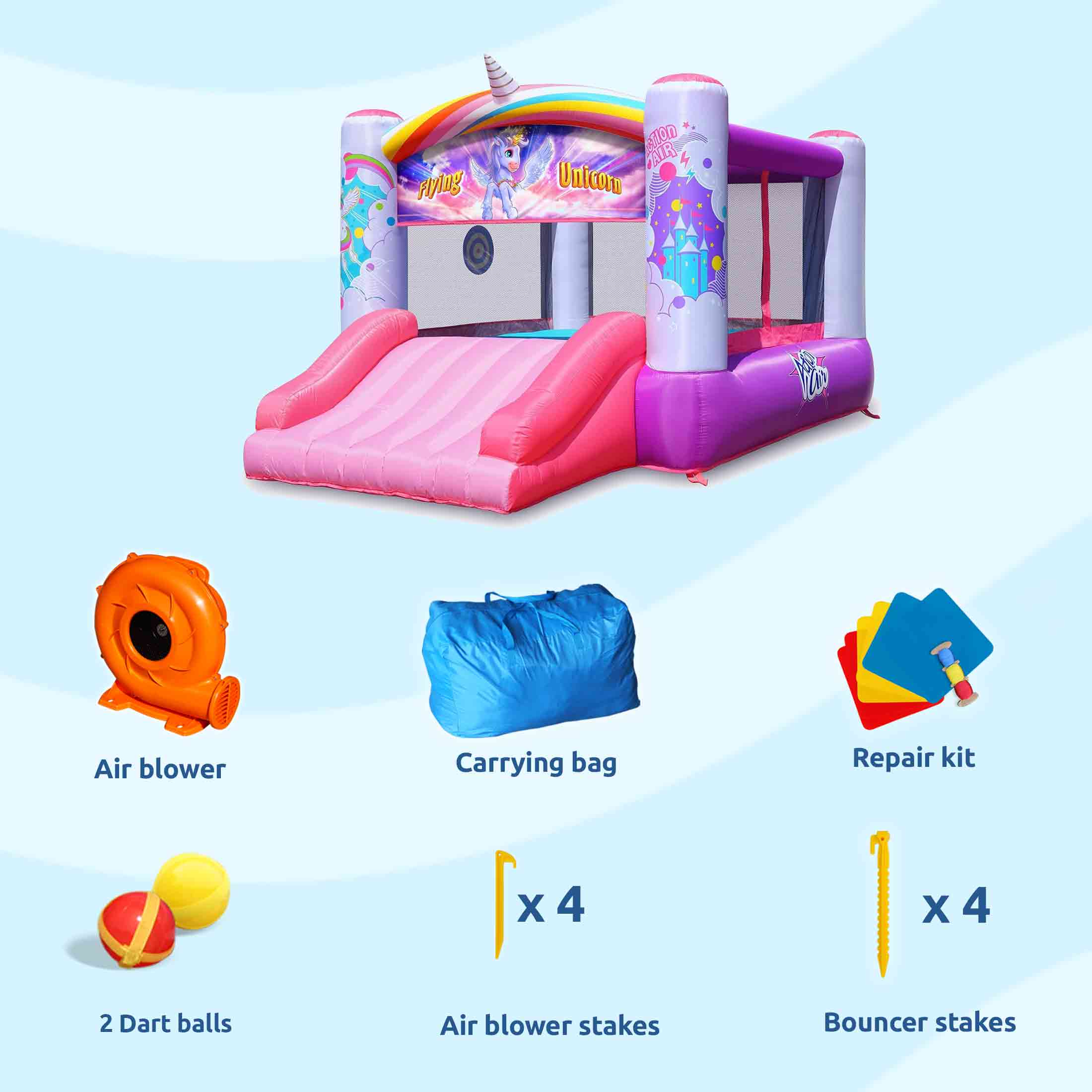 Pink unicorn bounce house with air blower, carrying bag, repair kit, dart balls and stakes