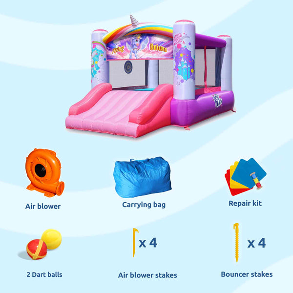 Pink unicorn bounce house with air blower, carrying bag, repair kit, dart balls and stakes
