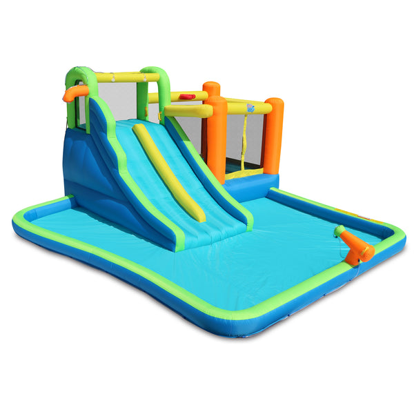 Action Air Water Slide, 7-in-1 Inflatable Bounce House with Large Pool, Extra Bouncing Area with Basketball Hoop, Large Bouncy Area 64x62 inch, Double Slide with Water Spray for more Fun