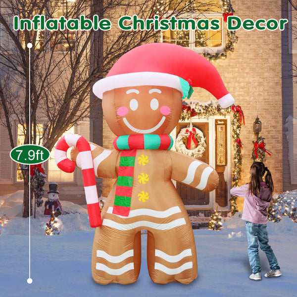 7.9 ft Christmas Inflatables Outdoor Decorations, Cheerful Gingerbread Man with LED Lights