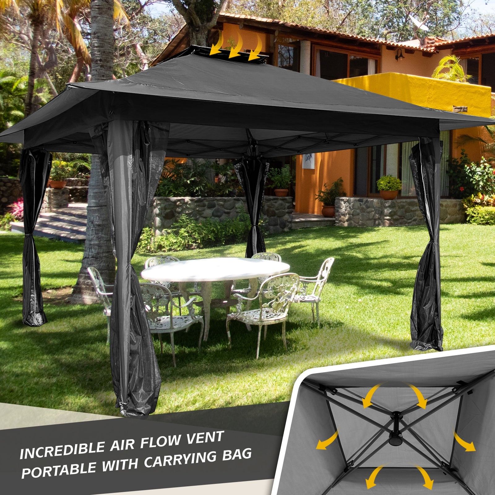 12x12 FT Black | Portable and Spacious Outdoor Gazebo with UV Protection and Mesh Netting