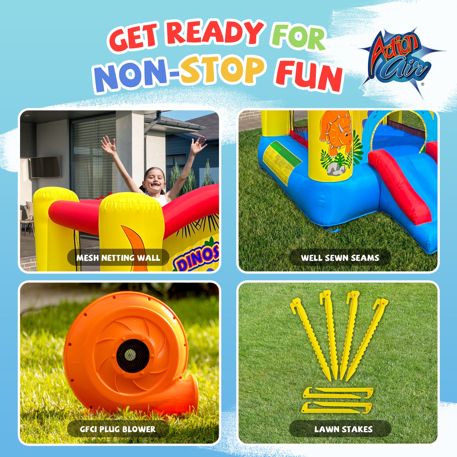 Action Air Inflatable Bounce House, Dinosaur Theme Bouncy Castle with Air Blower