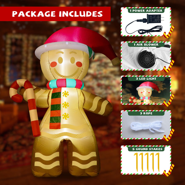 7.9 ft Christmas Inflatables Outdoor Decorations, Cheerful Gingerbread Man with LED Lights