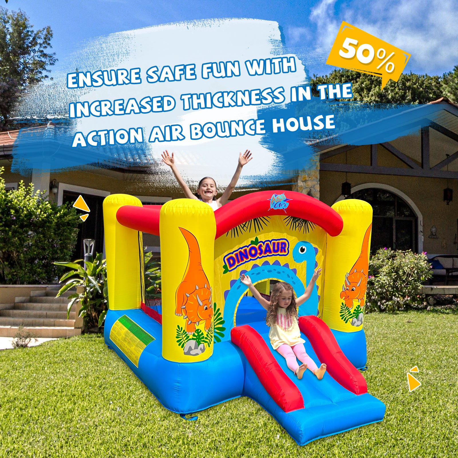 Action Air Inflatable Bounce House, Dinosaur Theme Bouncy Castle with Air Blower