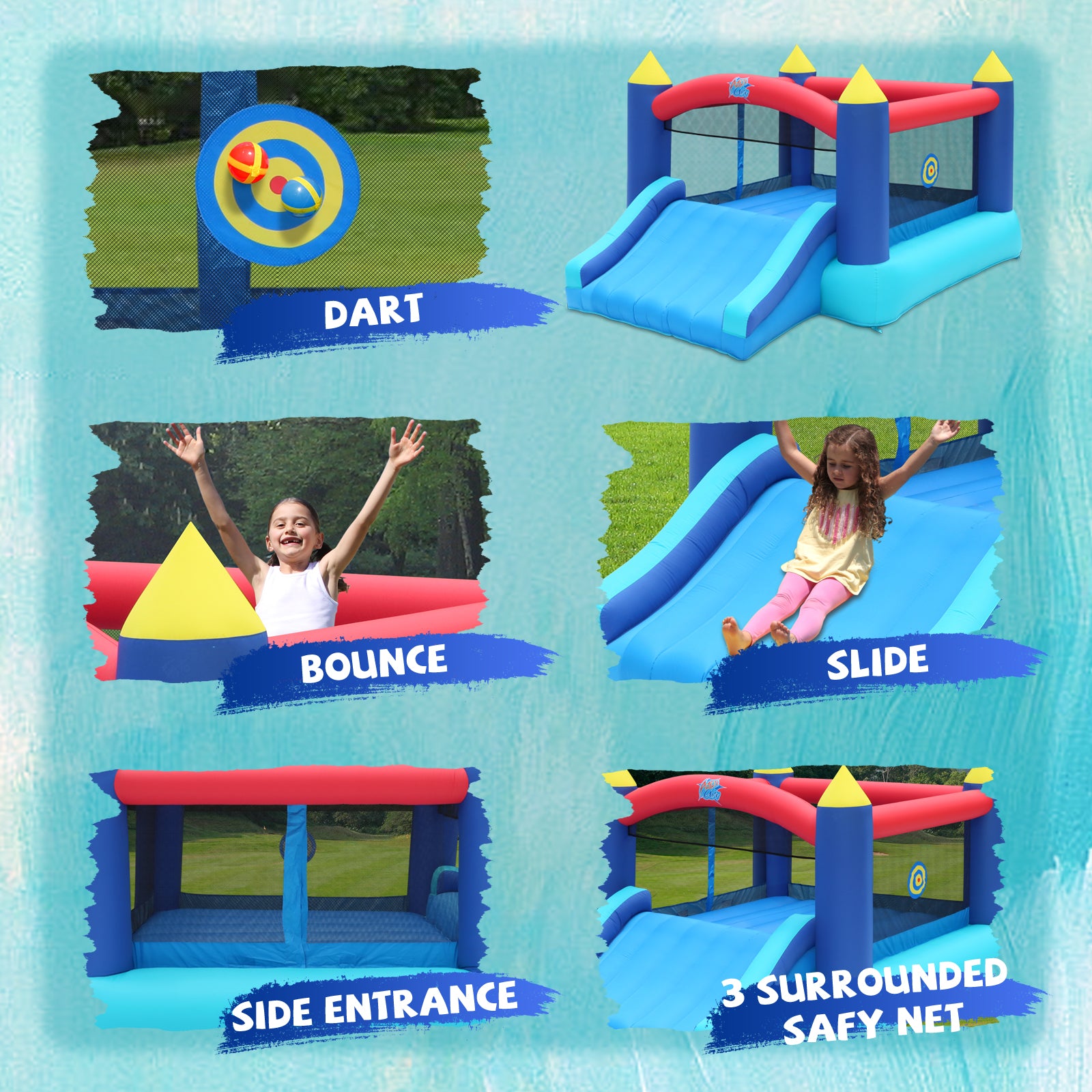 Action Air Bounce House Jumping Castle with Slide, Backyard Fun Big Bouncy Area (Blue)