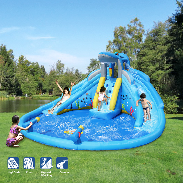Action Air Shark Theme Inflatable Water Park with Pool, Double Water Slides and Water Cannons (No Blower)