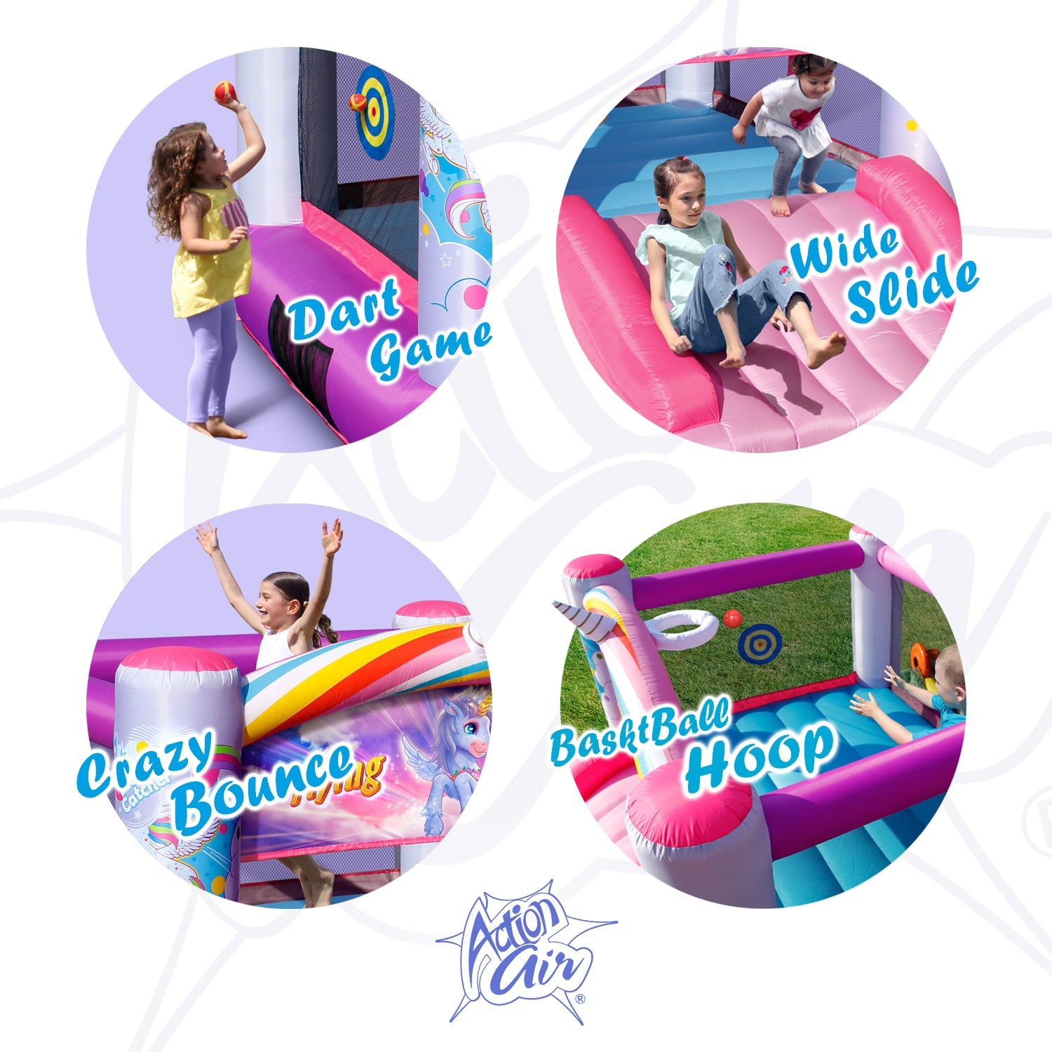 Pink unicorn bounce house with dart game, wide slide, bouncing area and basketball hoop