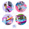 Pink unicorn bounce house with dart game, wide slide, bouncing area and basketball hoop