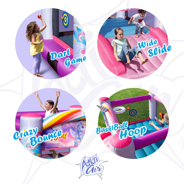 Pink unicorn bounce house with dart game, wide slide, bouncing area and basketball hoop
