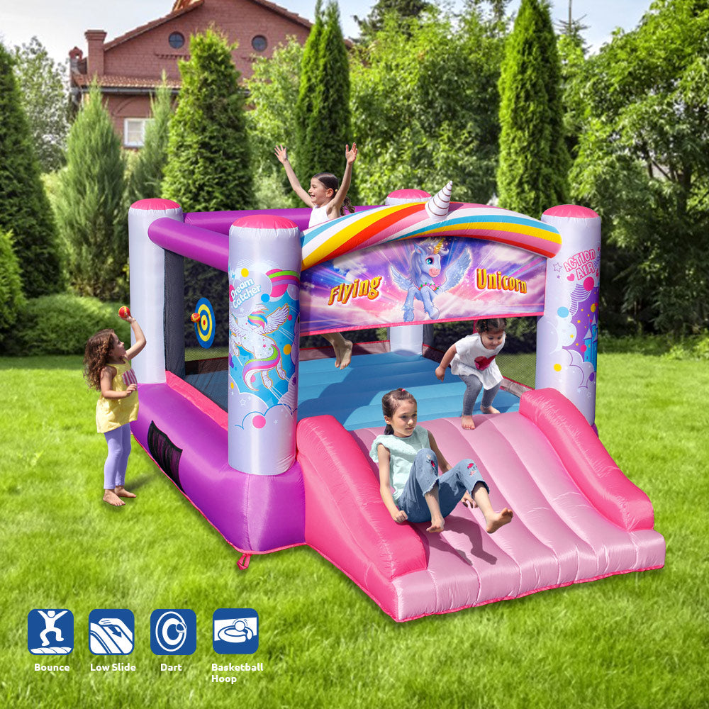 Pink unicorn bounce house with slide, dart game and basketball hoop