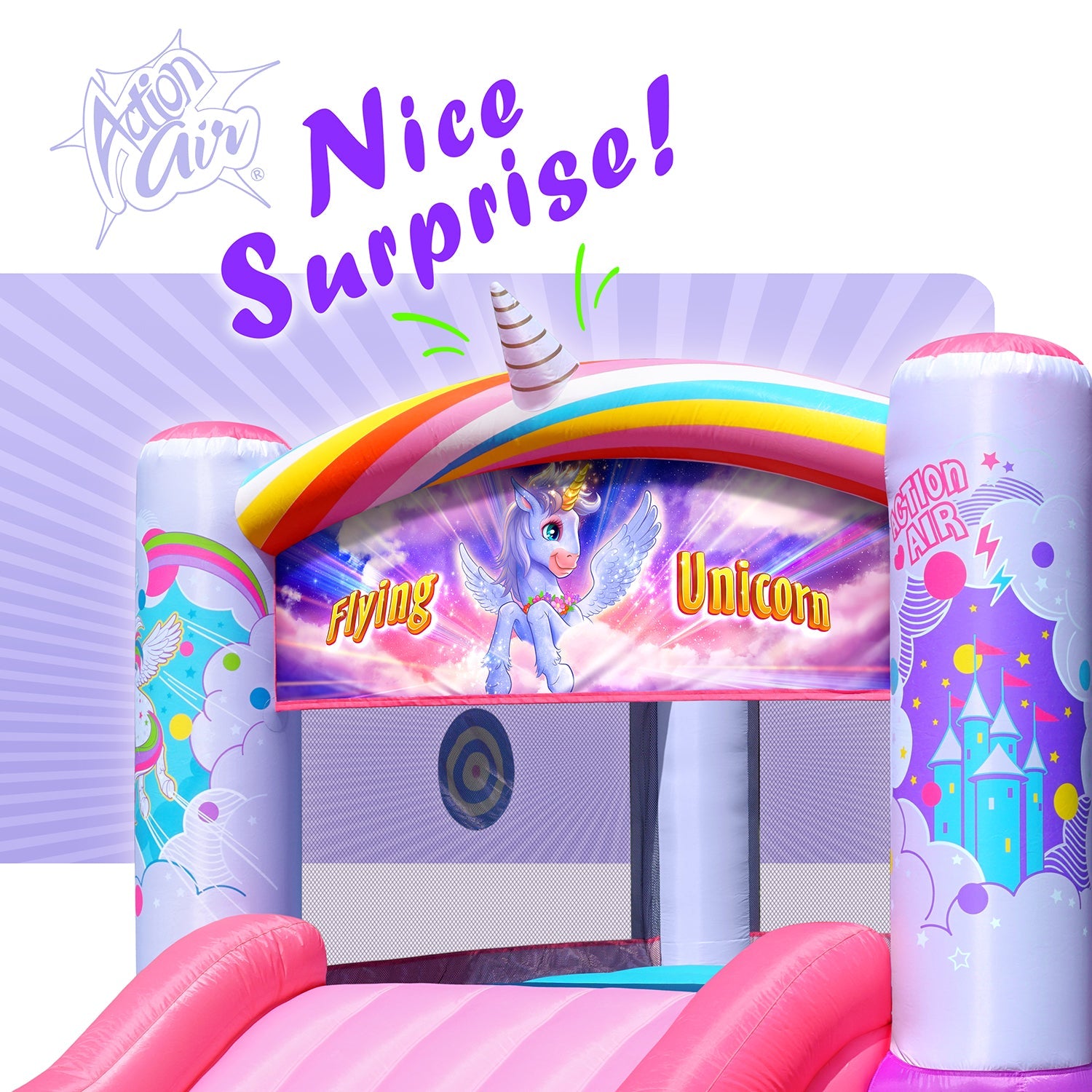 Pink unicorn bounce house with rainbow arch and unicorn banner