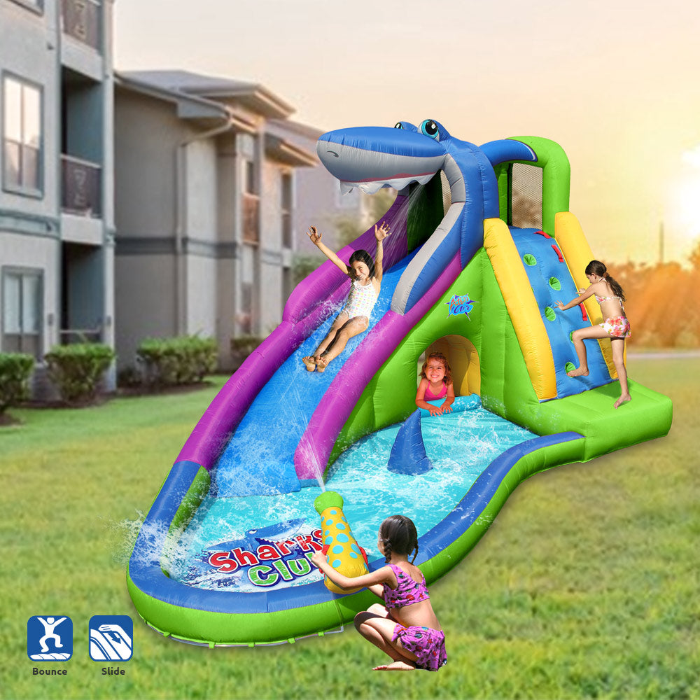 Action Air Inflatable Water Slide with Water Cannon Pool, Shark Club Bounce House for Wet and Dry