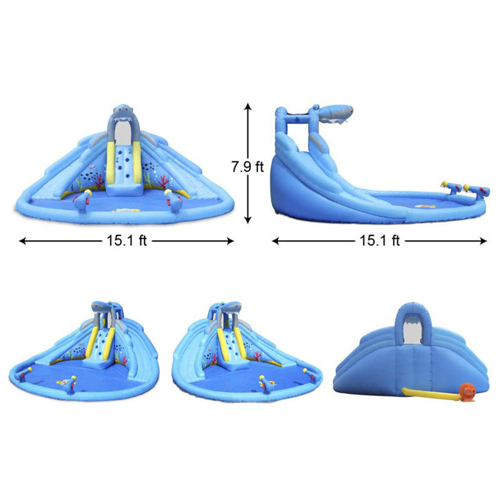 Action Air Shark Theme Inflatable Water Park with Pool, Double Water Slides and Water Cannons