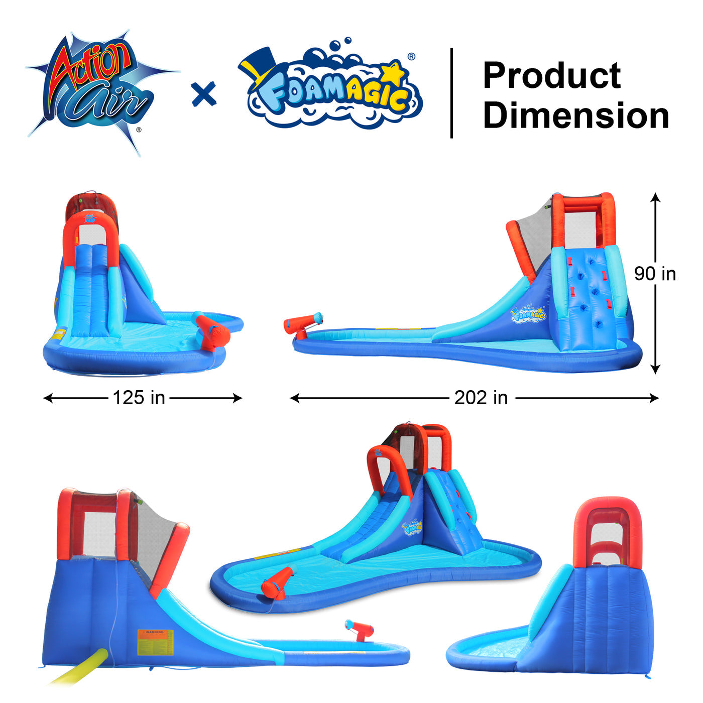 product dimension 6104: Water Slide with Bounce House & Foam Machine