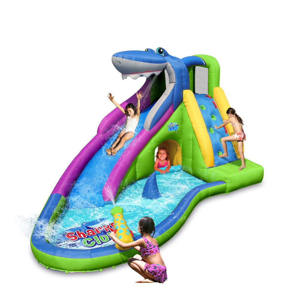 Action Air Inflatable Water Slide with Water Cannon Pool, Shark Club Bounce House for Wet and Dry