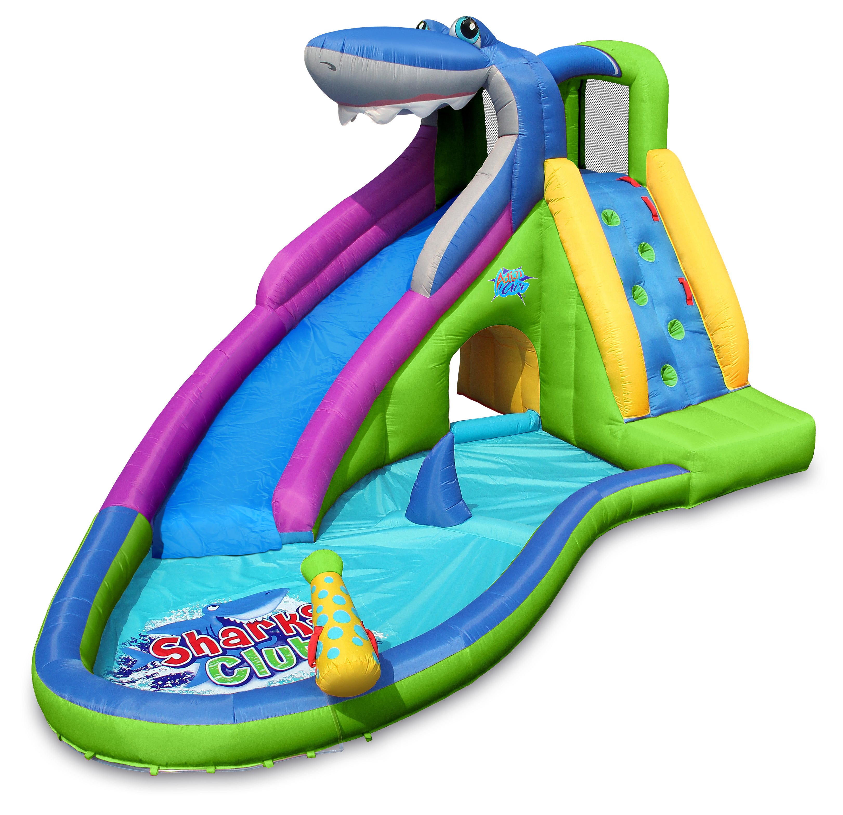 Action Air Inflatable Water Slide with Water Cannon Pool, Shark Club Bounce House for Wet and Dry