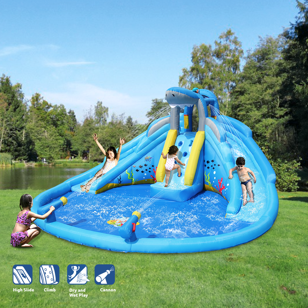 Action Air Shark Theme Inflatable Water Park with Pool, Double Water Slides and Water Cannons