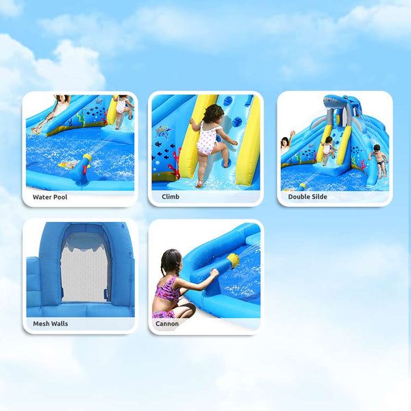 Action Air Shark Theme Inflatable Water Park with Pool, Double Water Slides and Water Cannons