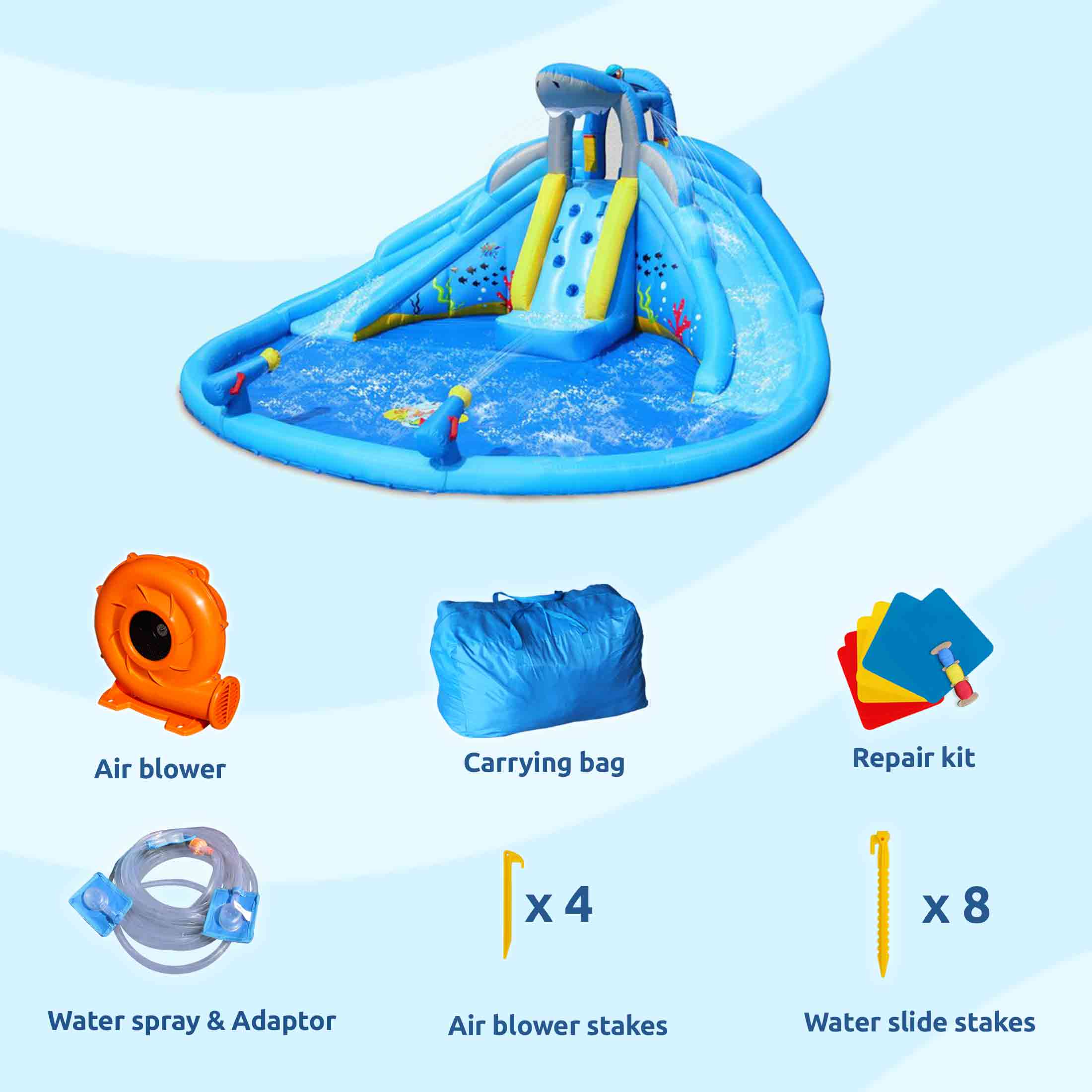 Action Air Shark Theme Inflatable Water Park with Pool, Double Water Slides and Water Cannons