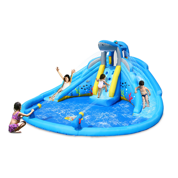 Action Air Shark Theme Inflatable Water Park with Pool, Double Water Slides and Water Cannons